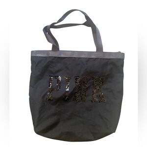 Victoria's Secret PINK Zipper Tote Beach Bag Black w/ Sequin Lettering 19x16”